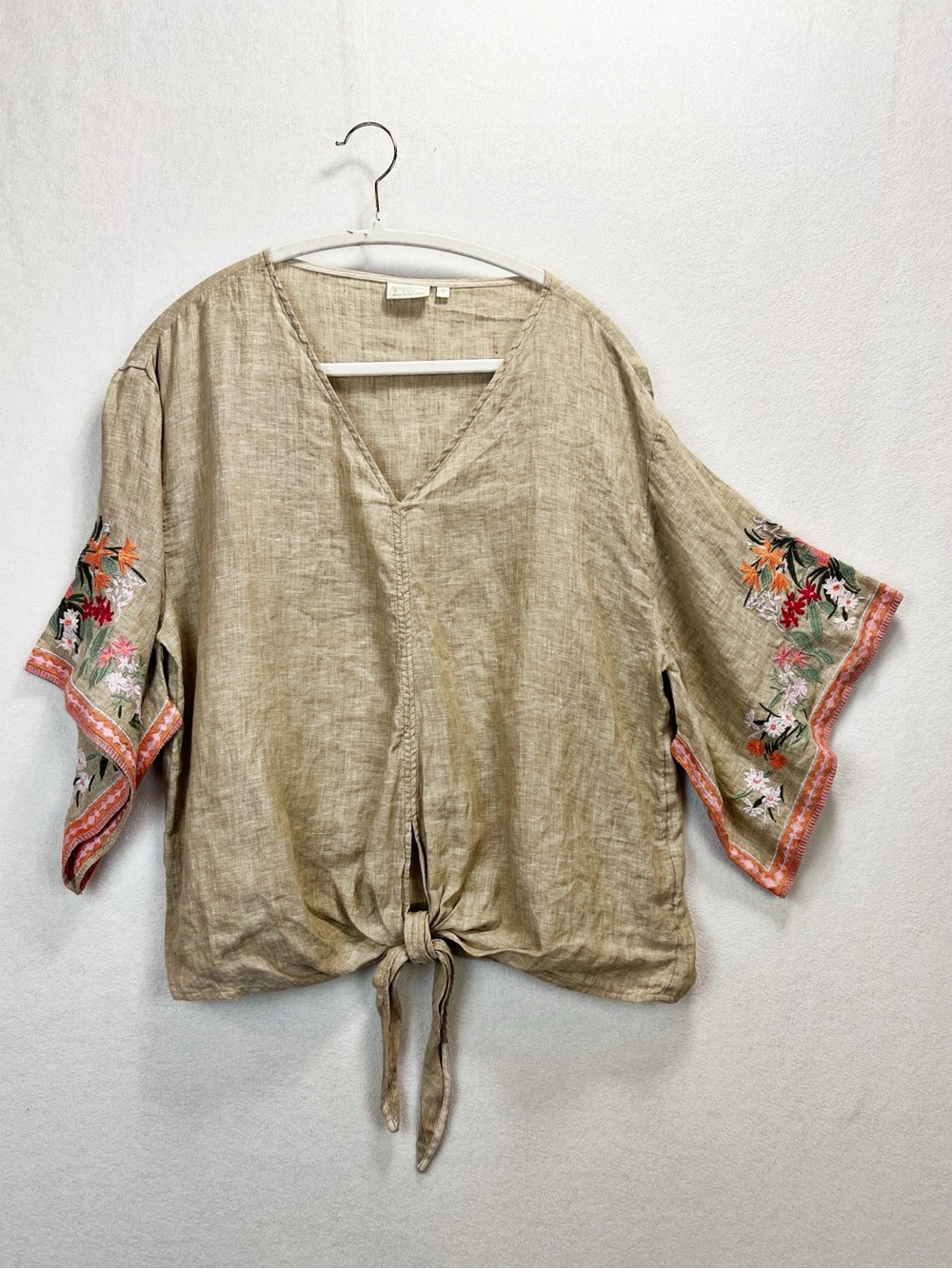Spartina 449 Linen Blouse Kimono Embroidered Flutter Sleeve Tie Front Floral - Picture 2 of 9